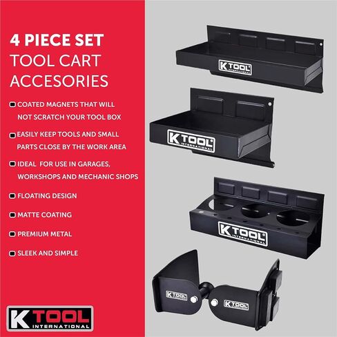 K Tool International 72462A رف أدوات الأدوات المغناطيسية ، ودرج ، وحامل مجموعة للمرائب ، ومحلات الإصلاح ، و DIY ، والمغناطيس المطلي بالمطاط ، (2) صواني ، (1) منشفة ورقية علبة ، سوداء ، 4 قطع in Saudi Arabia
