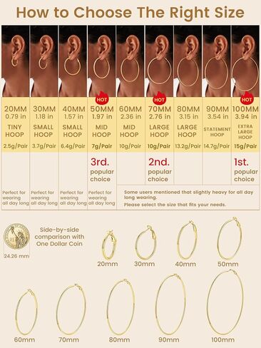 KeyStyle Gold Hoop Earrings for Women, Stainless Steel Hoops Earring Lightweight Loops, 2 mm Thick Hypoallergenic Circle Endless Thin Hoop (30 mm,50 mm,70 mm,100 mm) in Kuwait