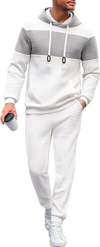 UOUA Mens Tracksuit 2 Piece Hoodie & Sweatpants Set Waffle Jacquard Sweatsuit Outfits Casual Jogging Suits in Kuwait