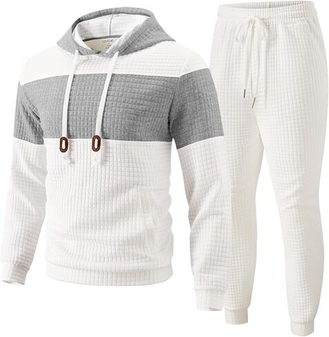 UOUA Mens Tracksuit 2 Piece Hoodie & Sweatpants Set Waffle Jacquard Sweatsuit Outfits Casual Jogging Suits in Kuwait