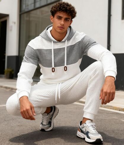 UOUA Mens Tracksuit 2 Piece Hoodie & Sweatpants Set Waffle Jacquard Sweatsuit Outfits Casual Jogging Suits in Kuwait