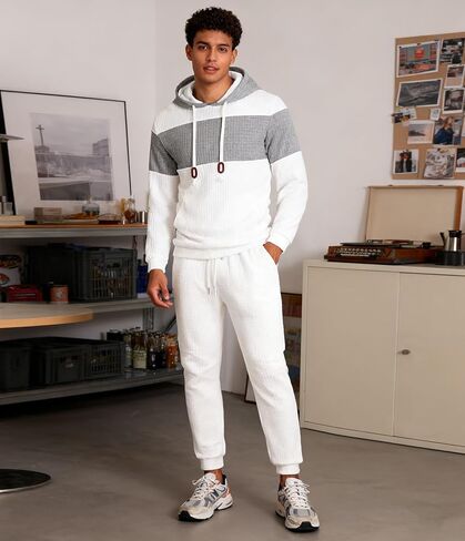 UOUA Mens Tracksuit 2 Piece Hoodie & Sweatpants Set Waffle Jacquard Sweatsuit Outfits Casual Jogging Suits in Kuwait
