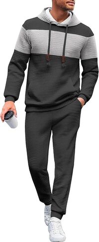 UOUA Mens Tracksuit 2 Piece Hoodie & Sweatpants Set Waffle Jacquard Sweatsuit Outfits Casual Jogging Suits in Kuwait