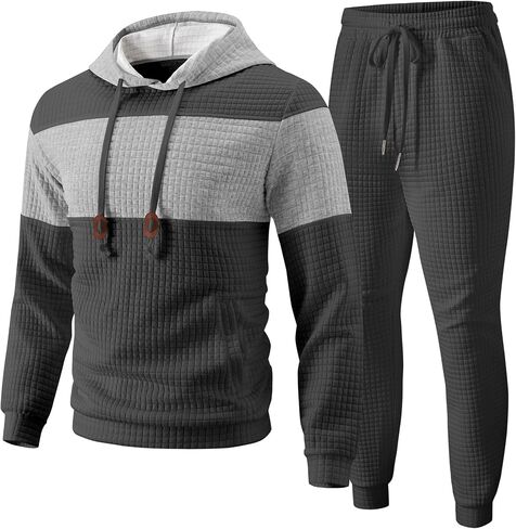 UOUA Mens Tracksuit 2 Piece Hoodie & Sweatpants Set Waffle Jacquard Sweatsuit Outfits Casual Jogging Suits in Kuwait