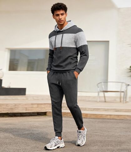 UOUA Mens Tracksuit 2 Piece Hoodie & Sweatpants Set Waffle Jacquard Sweatsuit Outfits Casual Jogging Suits in Kuwait