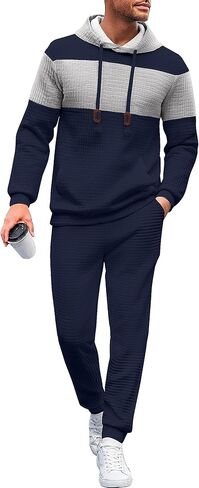 UOUA Mens Tracksuit 2 Piece Hoodie & Sweatpants Set Waffle Jacquard Sweatsuit Outfits Casual Jogging Suits in Kuwait