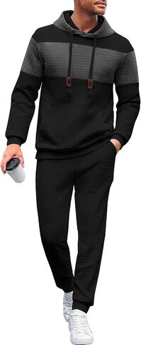 UOUA Mens Tracksuit 2 Piece Hoodie & Sweatpants Set Waffle Jacquard Sweatsuit Outfits Casual Jogging Suits in Saudi Arabia