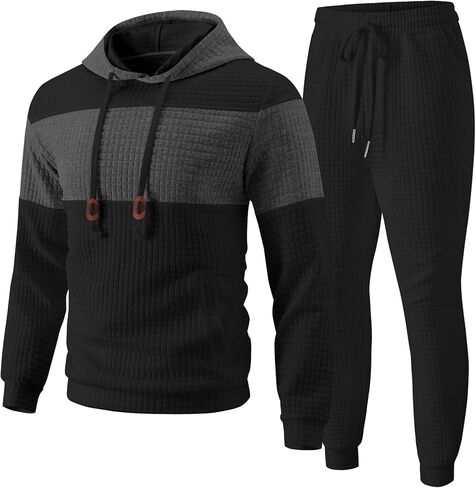 UOUA Mens Tracksuit 2 Piece Hoodie & Sweatpants Set Waffle Jacquard Sweatsuit Outfits Casual Jogging Suits in Saudi Arabia