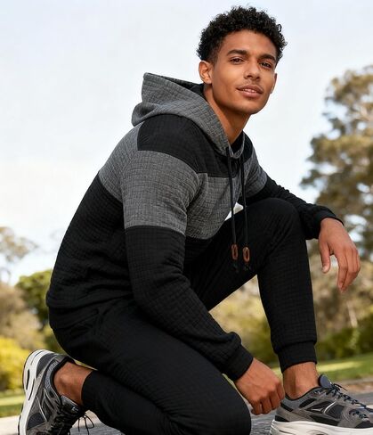 UOUA Mens Tracksuit 2 Piece Hoodie & Sweatpants Set Waffle Jacquard Sweatsuit Outfits Casual Jogging Suits in Saudi Arabia