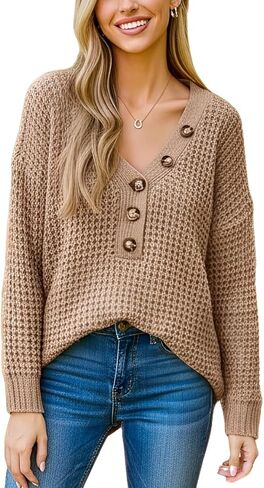 CUPSHE Women's Fall Sweater Chunky Knit Half Button Front Long Sleeve V Neck Casual Oversized Pullover Top in Saudi Arabia