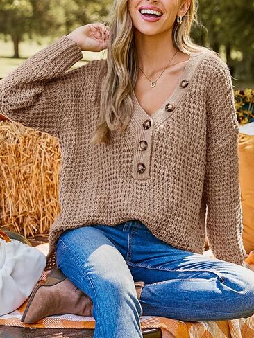 CUPSHE Women's Fall Sweater Chunky Knit Half Button Front Long Sleeve V Neck Casual Oversized Pullover Top in Saudi Arabia