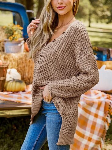 CUPSHE Women's Fall Sweater Chunky Knit Half Button Front Long Sleeve V Neck Casual Oversized Pullover Top in Saudi Arabia