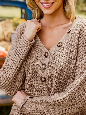 CUPSHE Women's Fall Sweater Chunky Knit Half Button Front Long Sleeve V Neck Casual Oversized Pullover Top in Saudi Arabia