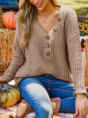 CUPSHE Women's Fall Sweater Chunky Knit Half Button Front Long Sleeve V Neck Casual Oversized Pullover Top in Saudi Arabia