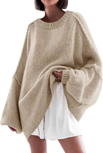Saodimallsu Womens Oversized Sweater Chunky Crew Neck Long Lantern Sleeve Knit Fall Trendy Tunic Sweaters Top in Saudi Arabia