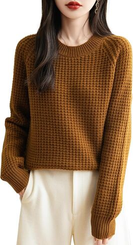 Women's Crewneck 100% Merino Wool Sweater 2025 Fall Winter Waffle Knit Sweater Casual Warm Long Sleeve Pullover in Saudi Arabia