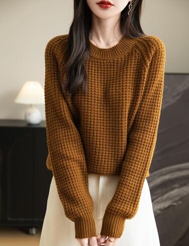 Women's Crewneck 100% Merino Wool Sweater 2025 Fall Winter Waffle Knit Sweater Casual Warm Long Sleeve Pullover in Saudi Arabia