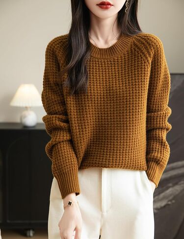 Women's Crewneck 100% Merino Wool Sweater 2025 Fall Winter Waffle Knit Sweater Casual Warm Long Sleeve Pullover in Saudi Arabia