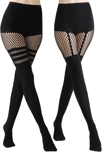 2 Pairs Faux Thigh High Tights Mock Suspender Pantyhose for Women Fishnet Tights Over the Knee Goth Stockings in Saudi Arabia