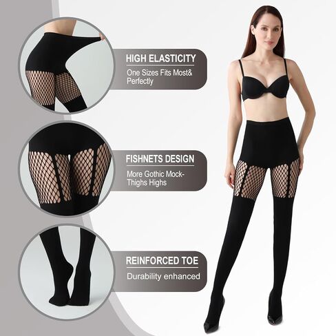 2 Pairs Faux Thigh High Tights Mock Suspender Pantyhose for Women Fishnet Tights Over the Knee Goth Stockings in Saudi Arabia