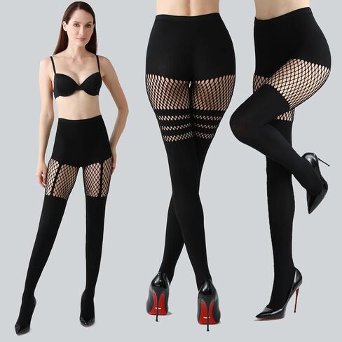 2 Pairs Faux Thigh High Tights Mock Suspender Pantyhose for Women Fishnet Tights Over the Knee Goth Stockings in Saudi Arabia