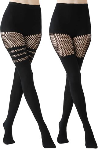 2 Pairs Faux Thigh High Tights Mock Suspender Pantyhose for Women Fishnet Tights Over the Knee Goth Stockings in Saudi Arabia