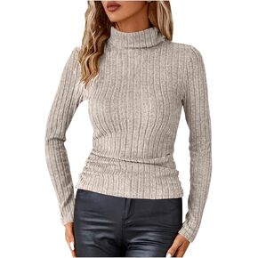 Mock Neck Rib Knit Long Sleeve Tops for Women Slim Fit T-Shirts Casual Basic Fall Winter Clothes Fashion Outfits in Saudi Arabia