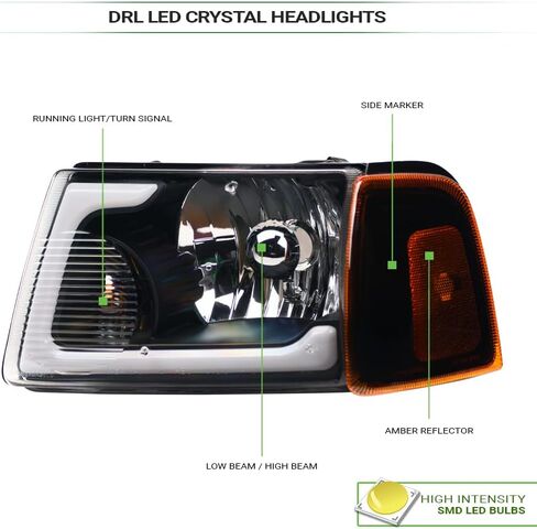 7422448582543 Compatible With 2001-2011 Ford Ranger Switchback Sequential LED Strip Bar Black Housing Headlights With Signal Corner Lamps Amber Reflector 4-Pieces Design in Saudi Arabia