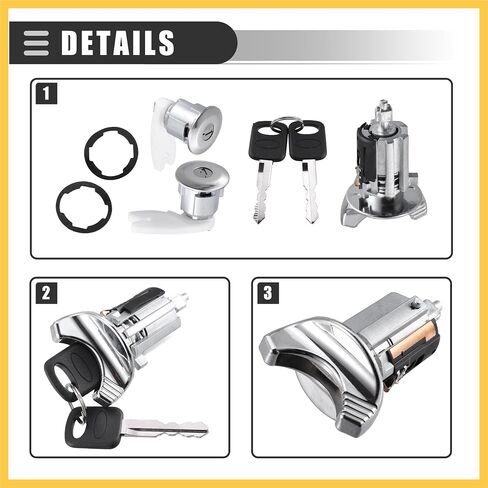 Ignition Switch Lock Cylinder, Door Lock Cylinder Kit, for Ford F150 250 350 Pickup 1992-1995, Metal, with 2 Keys, Black Silver Tone, 1 Set Auto Replacement Parts in Saudi Arabia