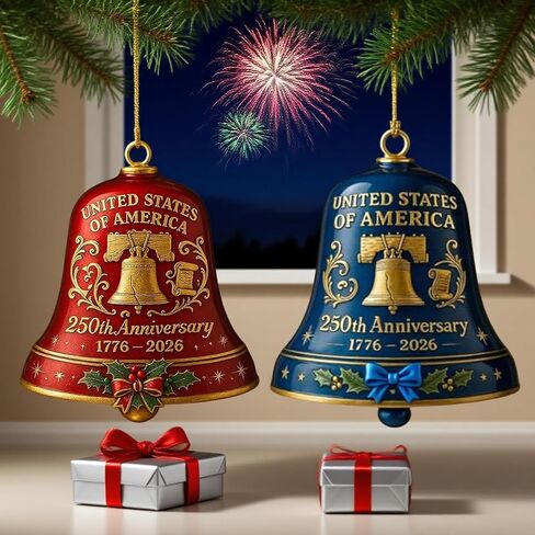 Christmas Bells, United States 250th Anniversary Bell Ornament, Vintage, Metal Hanging Bell Christmas Tree Decorations, Patio, Or Outdoor Decorations (1Red+1Blue) in Saudi Arabia