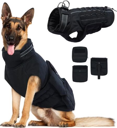 DORA BRIDAL Tactical Dog Winter Coat, Adjustable Military Service Dog Harness for Training, Walking, Hiking, Dog Vest with Molle Panels with 3 Pouches for Small Medium Large Dogs, Black, XS in Saudi Arabia