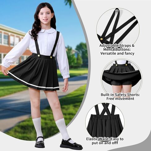 LOLANTA Girls Pleated Skirt Kids Suspender Uniform Skort Elastic Overall Dress with Removable Straps for 7-13 Years in Saudi Arabia