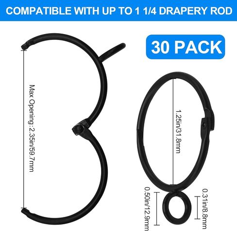 30 PCS Black Openable Curtain Rings with Eyelets, 1.25 Inch Metal Eyelet Drapery Rings for Hanging Pinch Curtain Pin Drape Hooks, Fits Up to 1.0 Inch Rod in Saudi Arabia