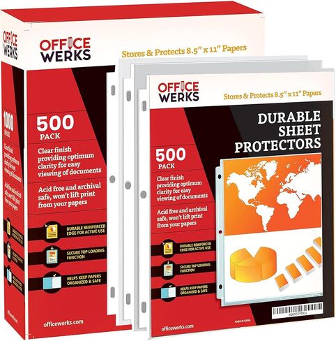 Office Werks 250 Sheet Protectors, 8.5 X 11 Inch Clear Page Protectors for 3 Ring Binder, Plastic Sheet Sleeves Protectors, Durable Top Loading Paper Protector with Reinforced Holes, Archival Safe in Kuwait