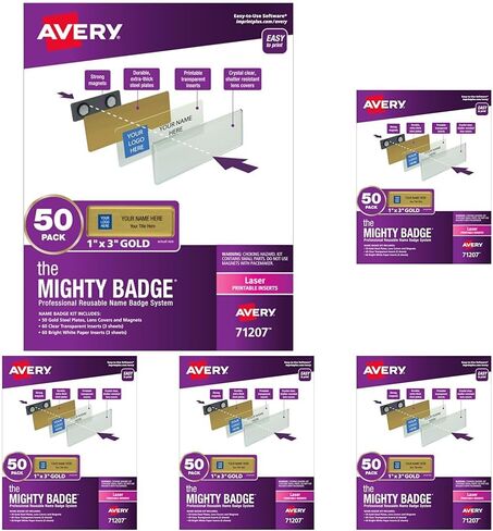 The Mighty Badge by Avery, 1" x 3" Gold Name Tags, 10 ID Badges, 80 Inserts for Laser Printers (71204) in Saudi Arabia