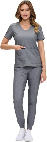 M&M Scrubs Women's Ultra-Soft Luxe Stretch Scrub Scrub Set V-Neck Top & Jogger Bants مع جيوب-حجم عادي وملغى صغير in Kuwait