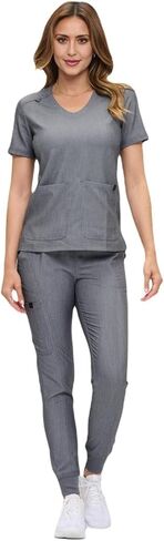 M&M Scrubs Women's Ultra-Soft Luxe Stretch Scrub Scrub Set V-Neck Top & Jogger Bants مع جيوب-حجم عادي وملغى صغير in Kuwait