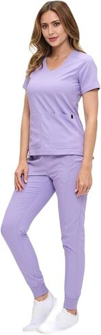 M&M Scrubs Women's Ultra-Soft Luxe Stretch Scrub Scrub Set V-Neck Top & Jogger Bants مع جيوب-حجم عادي وملغى صغير in Kuwait