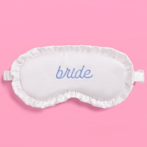 xo, Fetti Ruffled Bride Sleep Mask, White Satin + Blue Embroidery | Bachelorette Party Decorations, Bridal Shower Accessory, Bride to Be Party Favor, Bridesmaid Gift in Saudi Arabia