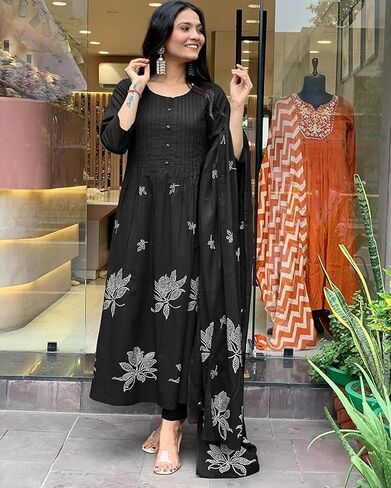 قامت Rayon Viscose Anarkali بطباعة Kurta مع Pant & DuPatta in Saudi Arabia