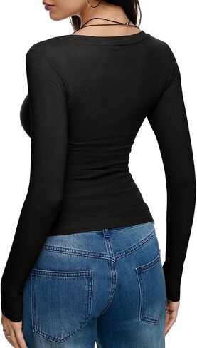 REORIA Long Sleeve Shirts for Women Scoop Neck Going Out Slim Basic Tshirts 2025 Trendy Tops Ribbed Knit Fall Outfits in Saudi Arabia