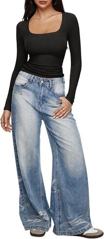 REORIA Long Sleeve Shirts for Women Scoop Neck Going Out Slim Basic Tshirts 2025 Trendy Tops Ribbed Knit Fall Outfits in Saudi Arabia