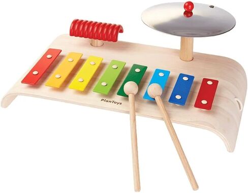 PlanToys Musical Band Toddler Drum Set Sustainably-Made with 2 Different-Sized Drums, Pair of Rubber-Coated Drumsticks, Cymbal, and Guiro to Explore Creativity in Saudi Arabia