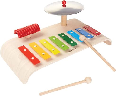 PlanToys Musical Band Toddler Drum Set Sustainably-Made with 2 Different-Sized Drums, Pair of Rubber-Coated Drumsticks, Cymbal, and Guiro to Explore Creativity in Saudi Arabia