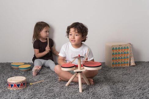 PlanToys Musical Band Toddler Drum Set Sustainably-Made with 2 Different-Sized Drums, Pair of Rubber-Coated Drumsticks, Cymbal, and Guiro to Explore Creativity in Saudi Arabia