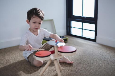 PlanToys Musical Band Toddler Drum Set Sustainably-Made with 2 Different-Sized Drums, Pair of Rubber-Coated Drumsticks, Cymbal, and Guiro to Explore Creativity in Saudi Arabia