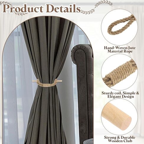 uxcell 6 Pack Curtain Tiebacks, Jute Rope Curtain Drapes Holdbacks Hand-Woven Decorative Farmhouse Tie Backs with Wood Club for Home Office Decor, Yellow Brown in Saudi Arabia