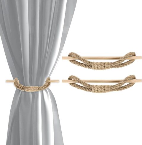 uxcell 6 Pack Curtain Tiebacks, Jute Rope Curtain Drapes Holdbacks Hand-Woven Decorative Farmhouse Tie Backs with Wood Club for Home Office Decor, Yellow Brown in Saudi Arabia