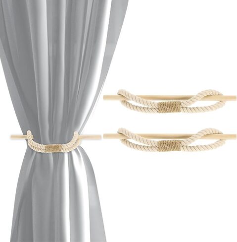 uxcell 2 Pack Curtain Tiebacks, Cotton Rope Curtain Drapes Holdbacks Hand-Woven Decorative Farmhouse Tie Backs with Wood Club for Home Office Decor, Beige in Saudi Arabia