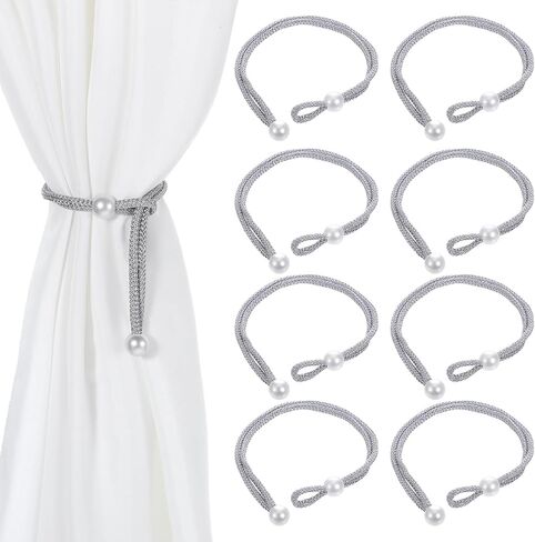 8pcs Curtain Rope Tiebacks, Adjustable Tie Backs for Curtains, Silver Curtain Tie Backs with Pearl Curtain Rope Buckle Cord Holders for Home Hotel Office Window Drapery in Saudi Arabia